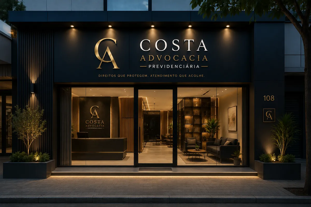 Fachada do escritório Costa Advocacia Previdenciária, com o monograma CA dourado iluminado